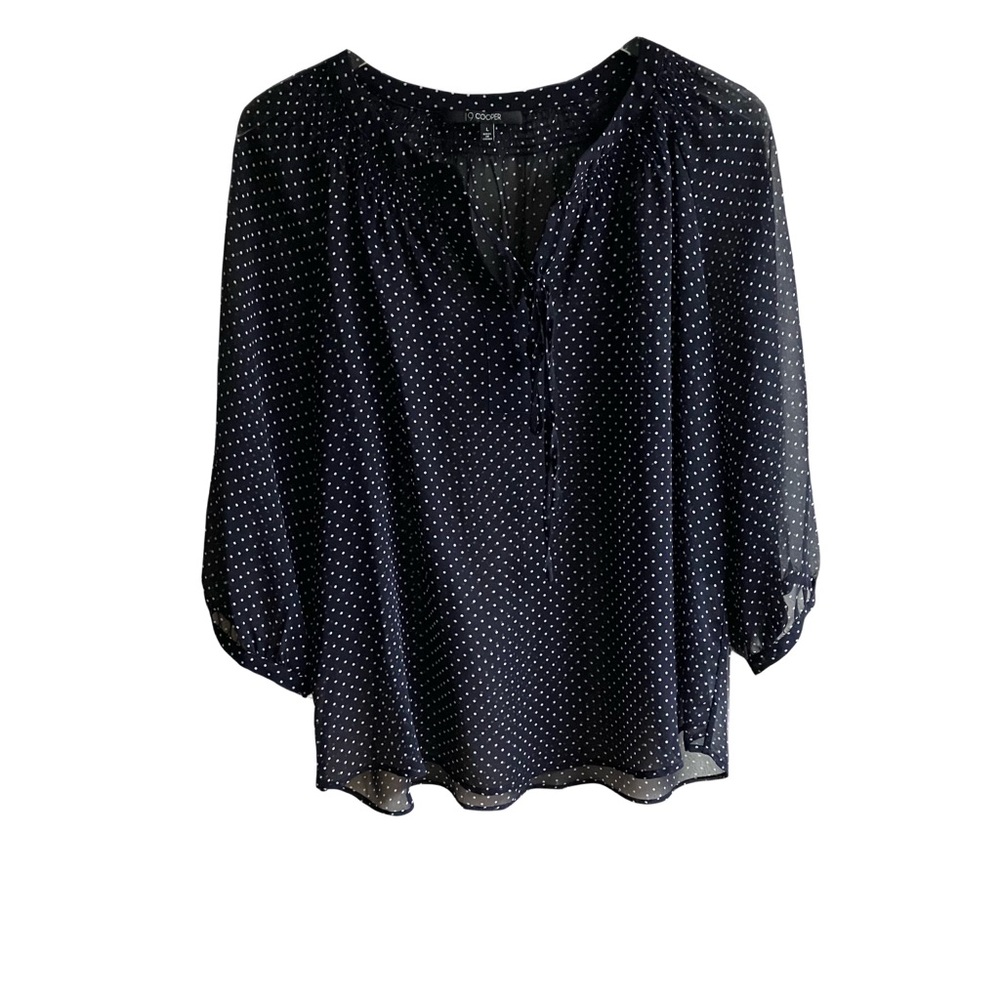 19 Cooper Black Polka Dot Sheer Blouse Size L 3/4 Sleeve Office Top Bow Tie Neck